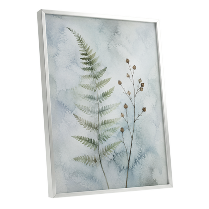 Fern & Seedpod Reverie, green, blue, gray nature wall art shown as a silver framed poster wall art print