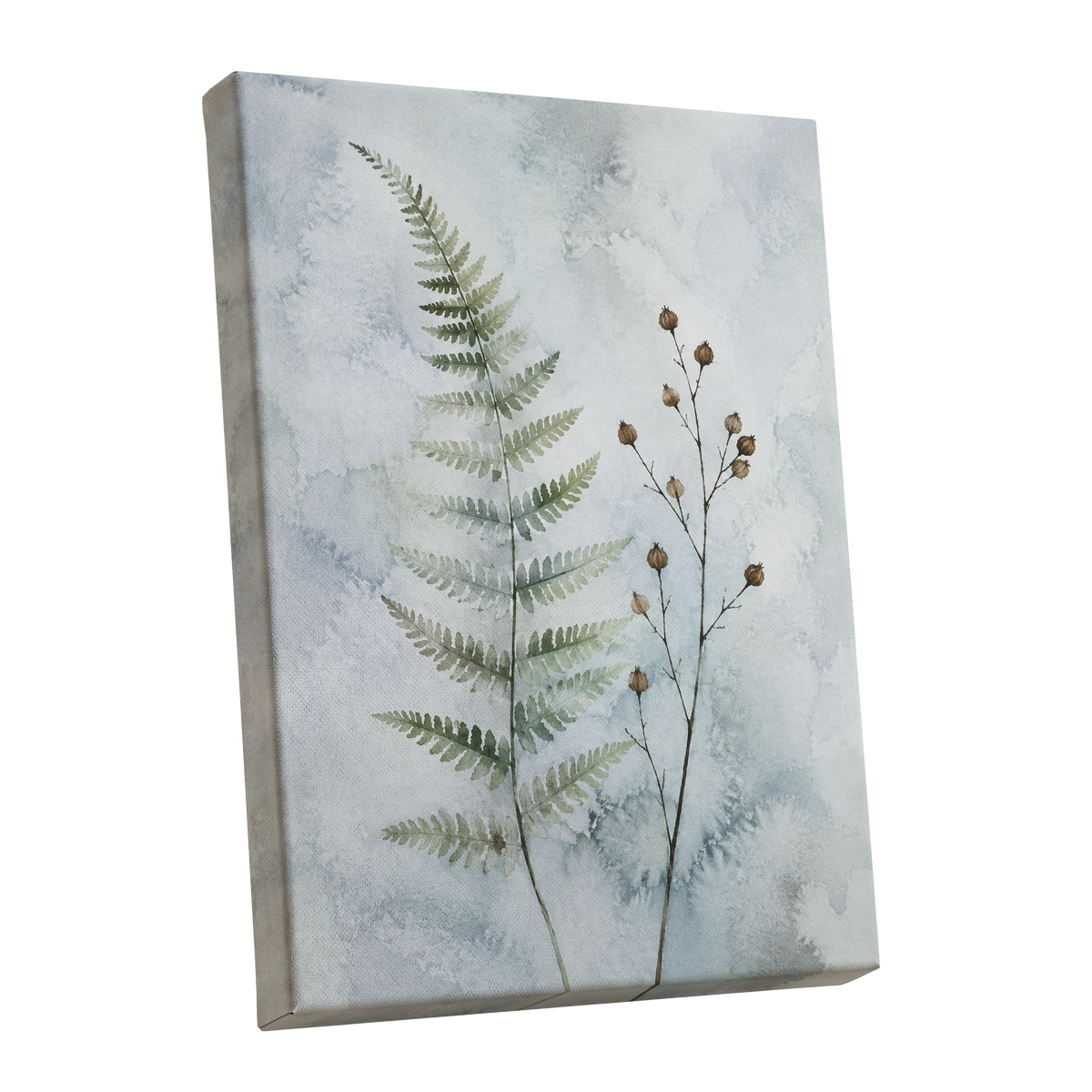 Fern & Seedpod Reverie, green, blue, gray nature wall art shown as a stretched canvas wall art