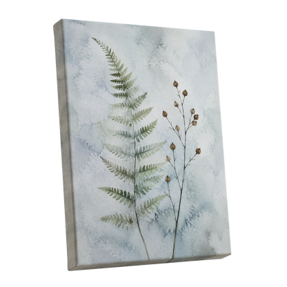 Fern & Seedpod Reverie, green, blue, gray nature wall art shown as a stretched canvas wall art