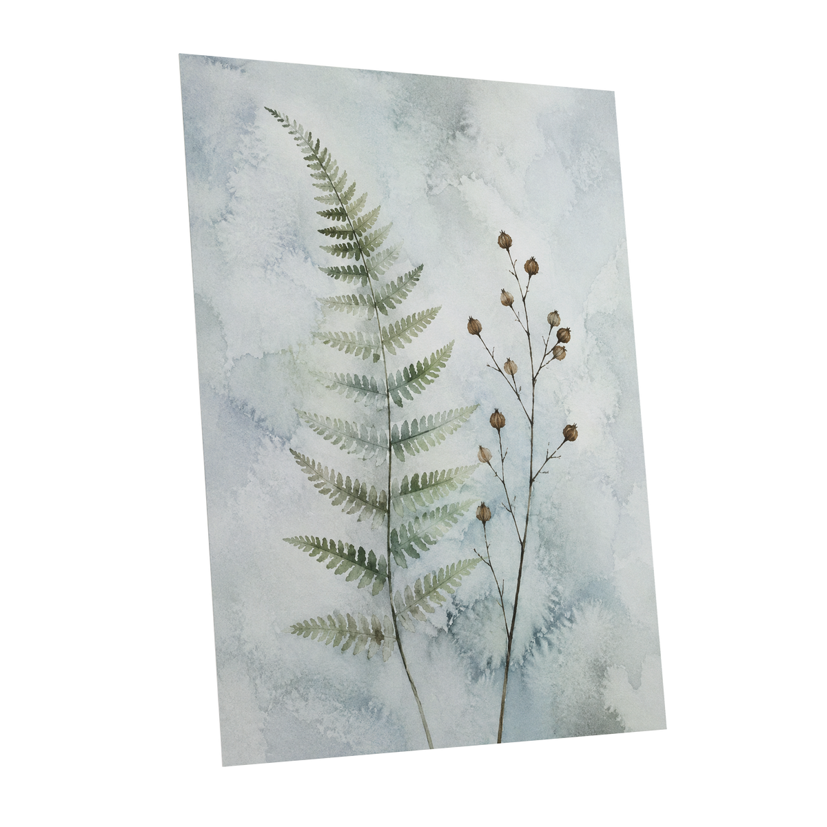 Fern & Seedpod Reverie, green, blue, gray nature wall art shown as a unframed poster wall art print
