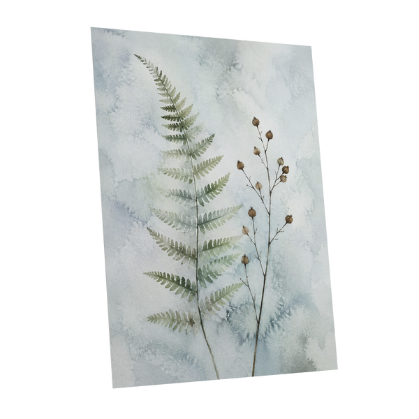 Fern & Seedpod Reverie, green, blue, gray nature wall art shown as a unframed poster wall art print