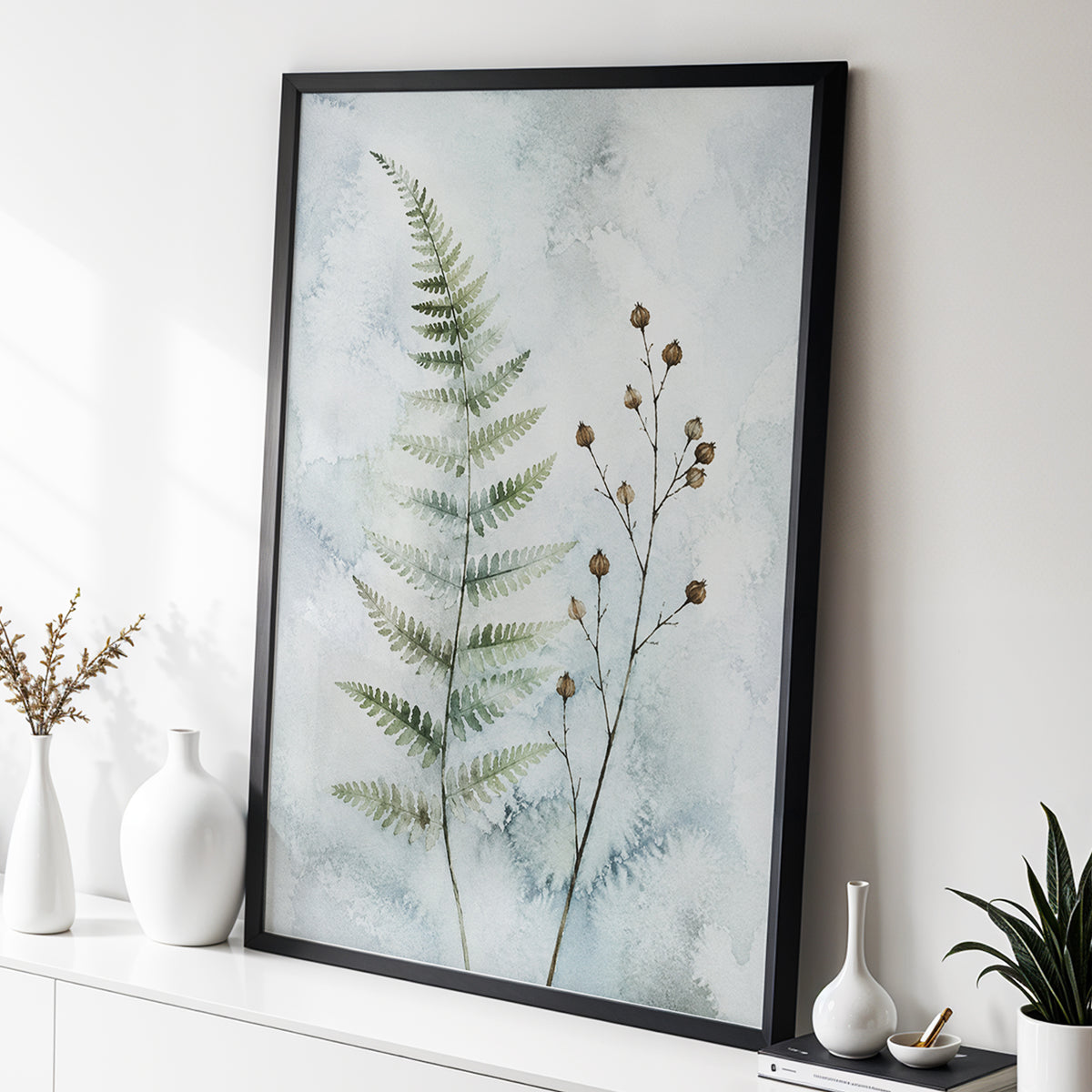 Fern & Seedpod Reverie, green, blue, gray nature wall art displayed in a styled interior, gallery view 2