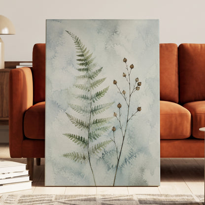 Fern & Seedpod Reverie, green, blue, gray nature wall art displayed in a styled interior, gallery view 3