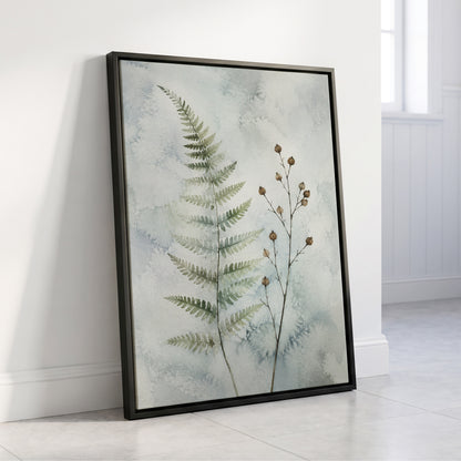 Fern & Seedpod Reverie, green, blue, gray nature wall art displayed in a styled interior, gallery view 4