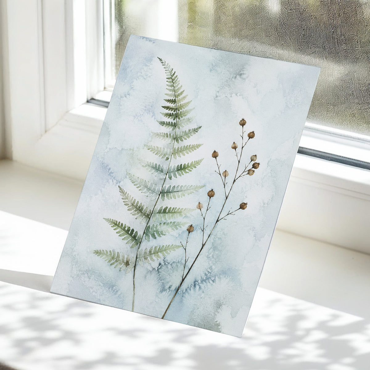 Fern & Seedpod Reverie, green, blue, gray nature wall art displayed in a styled interior, gallery view 5