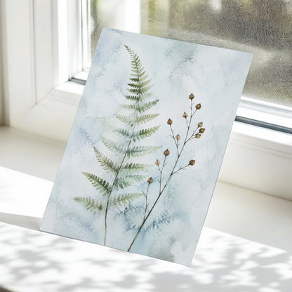 Fern & Seedpod Reverie, green, blue, gray nature wall art displayed in a styled interior, gallery view 5