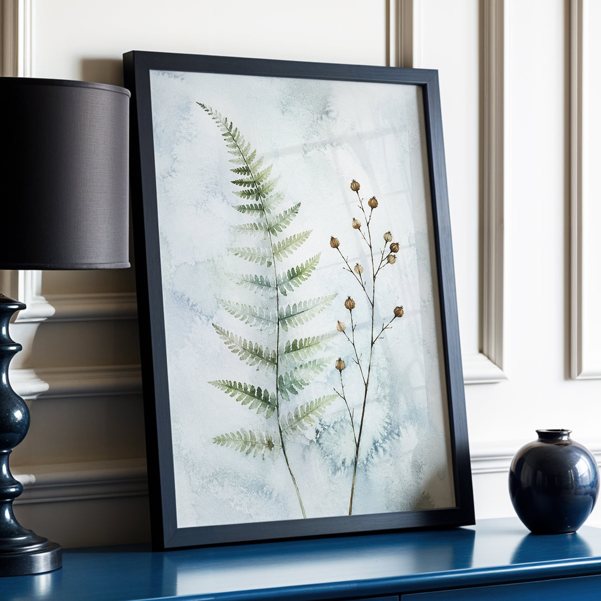 Fern & Seedpod Reverie, green, blue, gray nature wall art displayed in a styled interior, gallery view 6