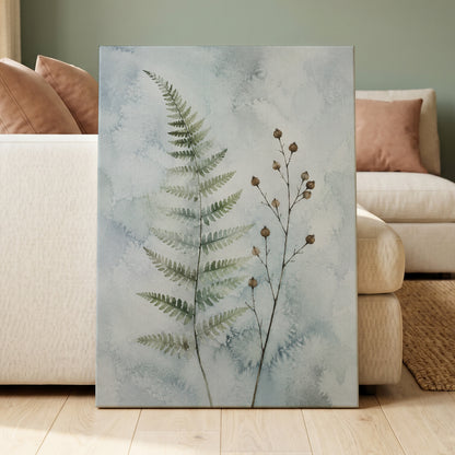 Fern & Seedpod Reverie, green, blue, gray nature wall art displayed in a styled interior, gallery view 7