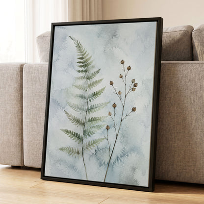 Fern & Seedpod Reverie, green, blue, gray nature wall art displayed in a styled interior, gallery view 8