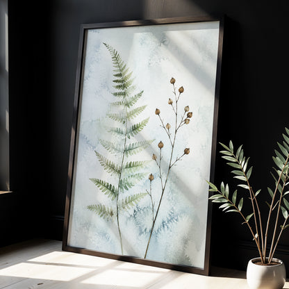 Fern & Seedpod Reverie, green, blue, gray nature wall art displayed in a styled interior, gallery view 9