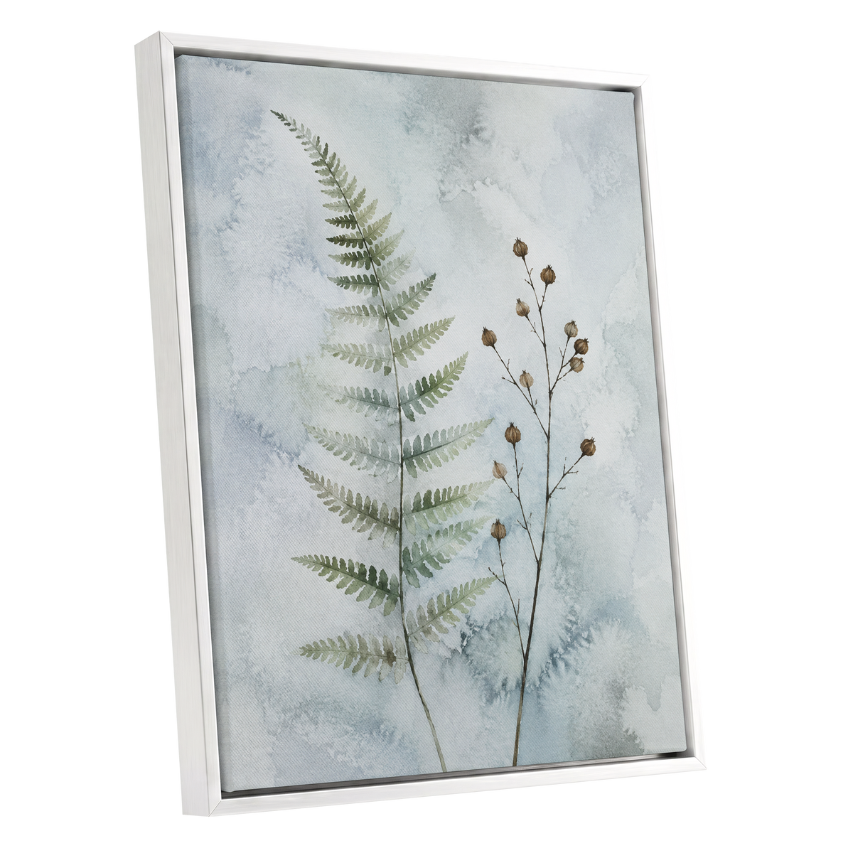 Fern & Seedpod Reverie, green, blue, gray nature wall art shown as a white framed canvas wall art