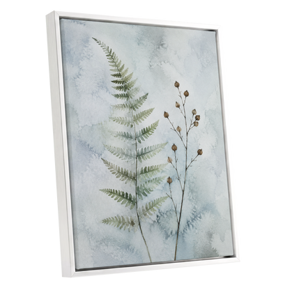 Fern & Seedpod Reverie, green, blue, gray nature wall art shown as a white framed canvas wall art