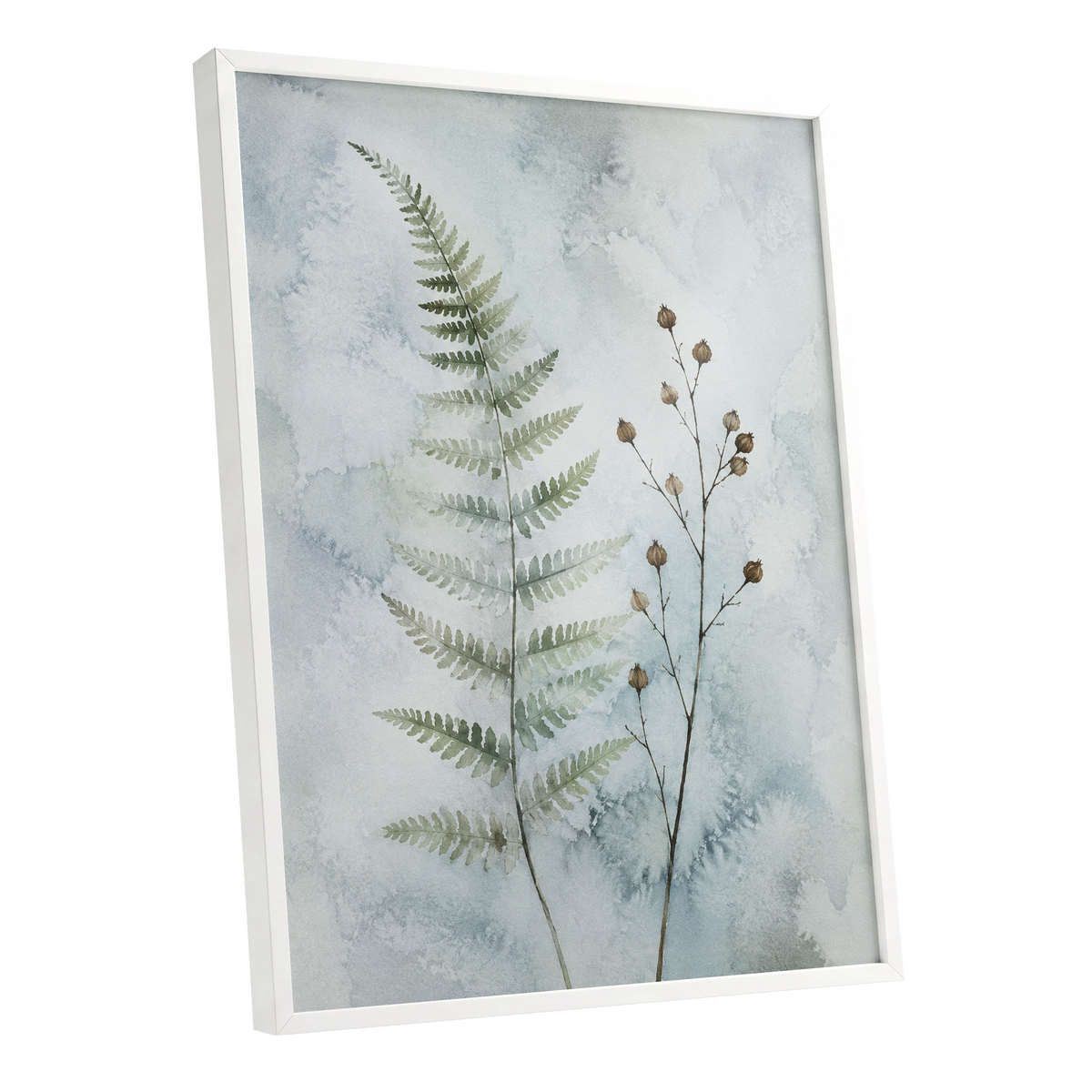 Fern & Seedpod Reverie, green, blue, gray nature wall art shown as a white framed poster wall art print