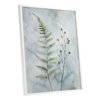 Fern & Seedpod Reverie, green, blue, gray nature wall art shown as a white framed poster wall art print