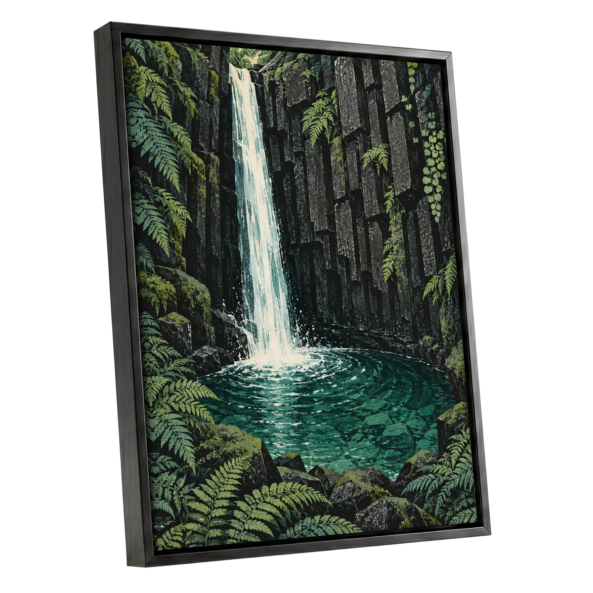 Fernfall Sanctuary, green, black, gray nature wall art shown as a black framed canvas wall art