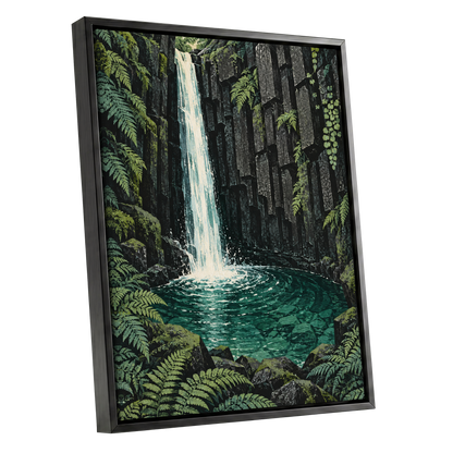 Fernfall Sanctuary, green, black, gray nature wall art shown as a black framed canvas wall art