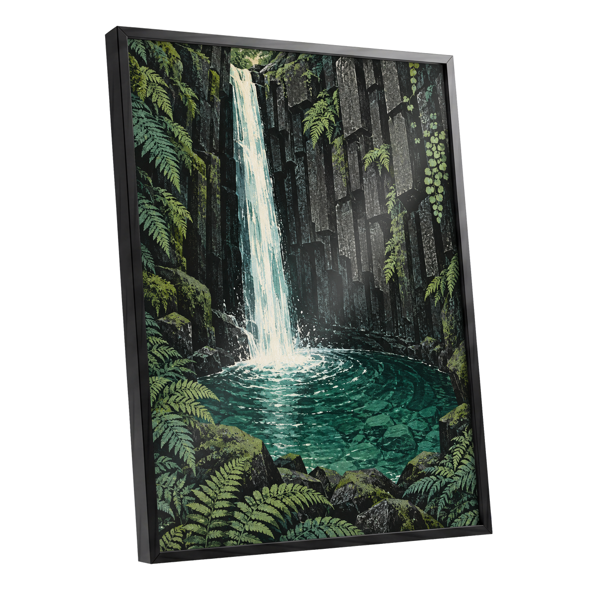 Fernfall Sanctuary, green, black, gray nature wall art shown as a black framed poster wall art print