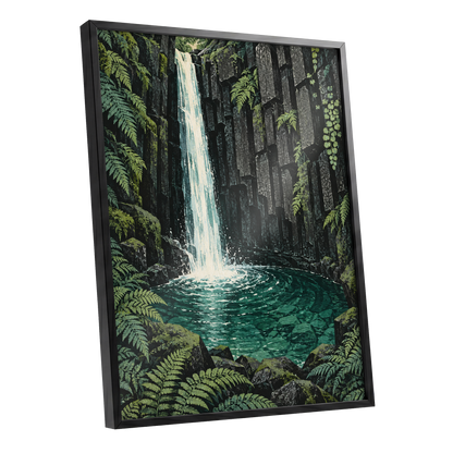 Fernfall Sanctuary, green, black, gray nature wall art shown as a black framed poster wall art print