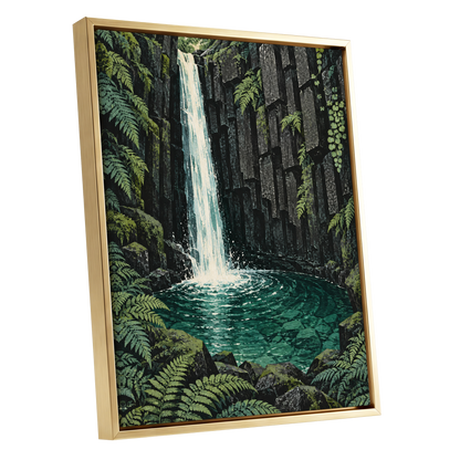 Fernfall Sanctuary, green, black, gray nature wall art shown as a gold framed canvas wall art