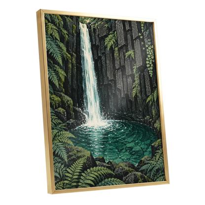 Fernfall Sanctuary, green, black, gray nature wall art shown as a gold framed poster wall art print