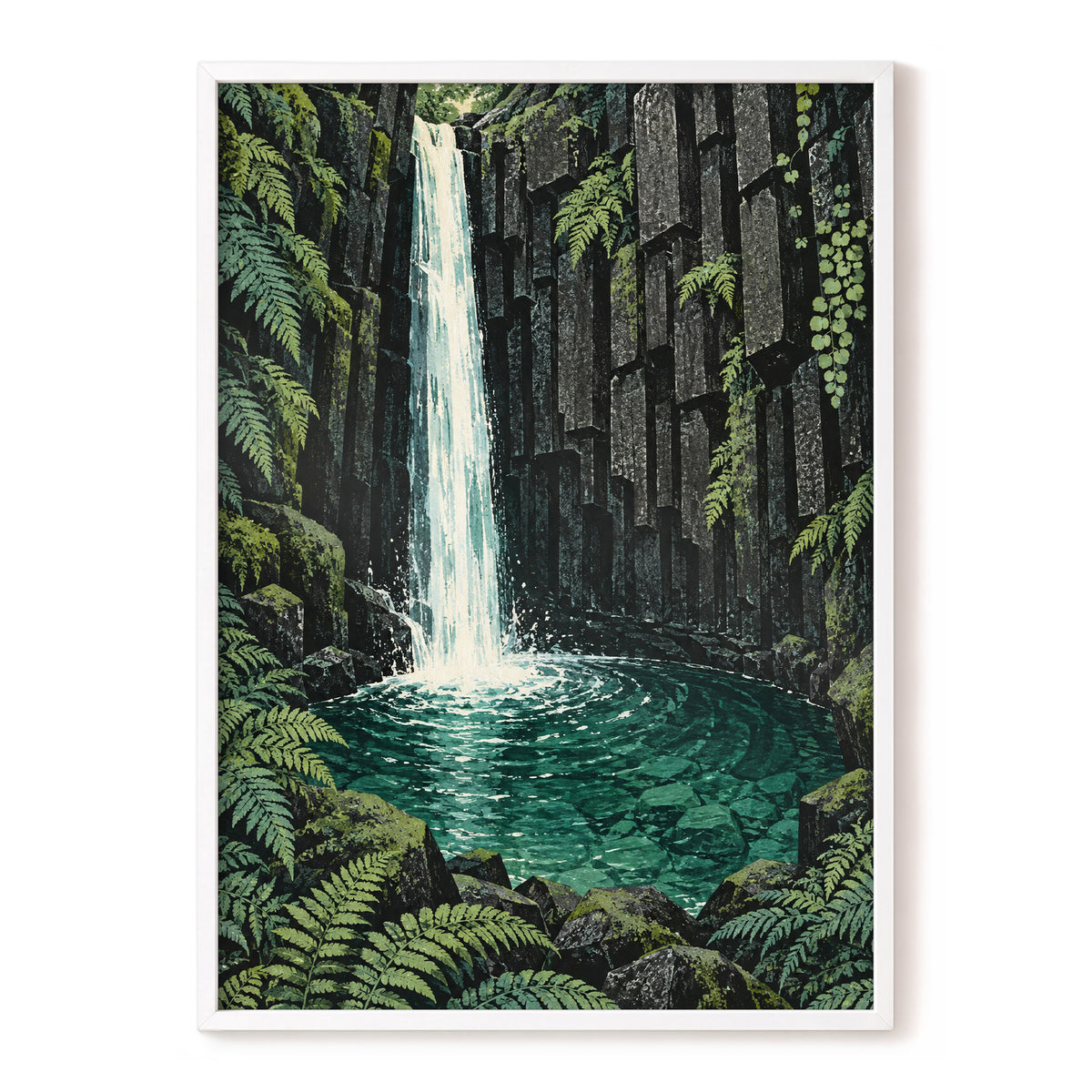 Fernfall Sanctuary, green, black, gray nature wall art, front artwork view