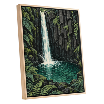 Fernfall Sanctuary, green, black, gray nature wall art shown as a oak framed canvas wall art
