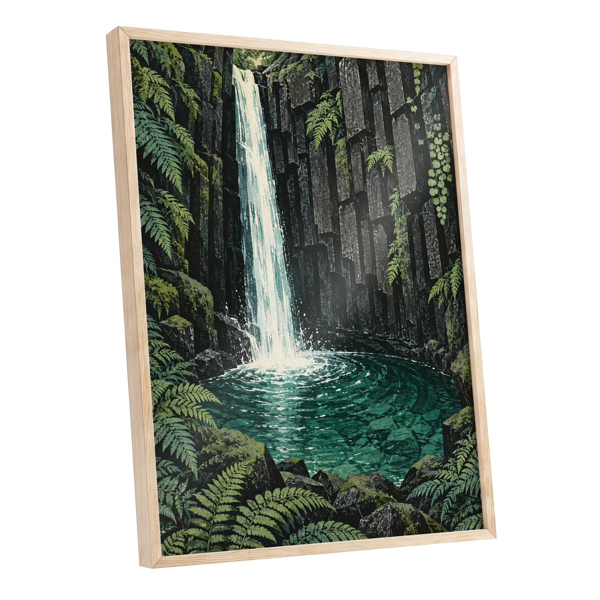 Fernfall Sanctuary, green, black, gray nature wall art shown as a oak framed poster wall art print