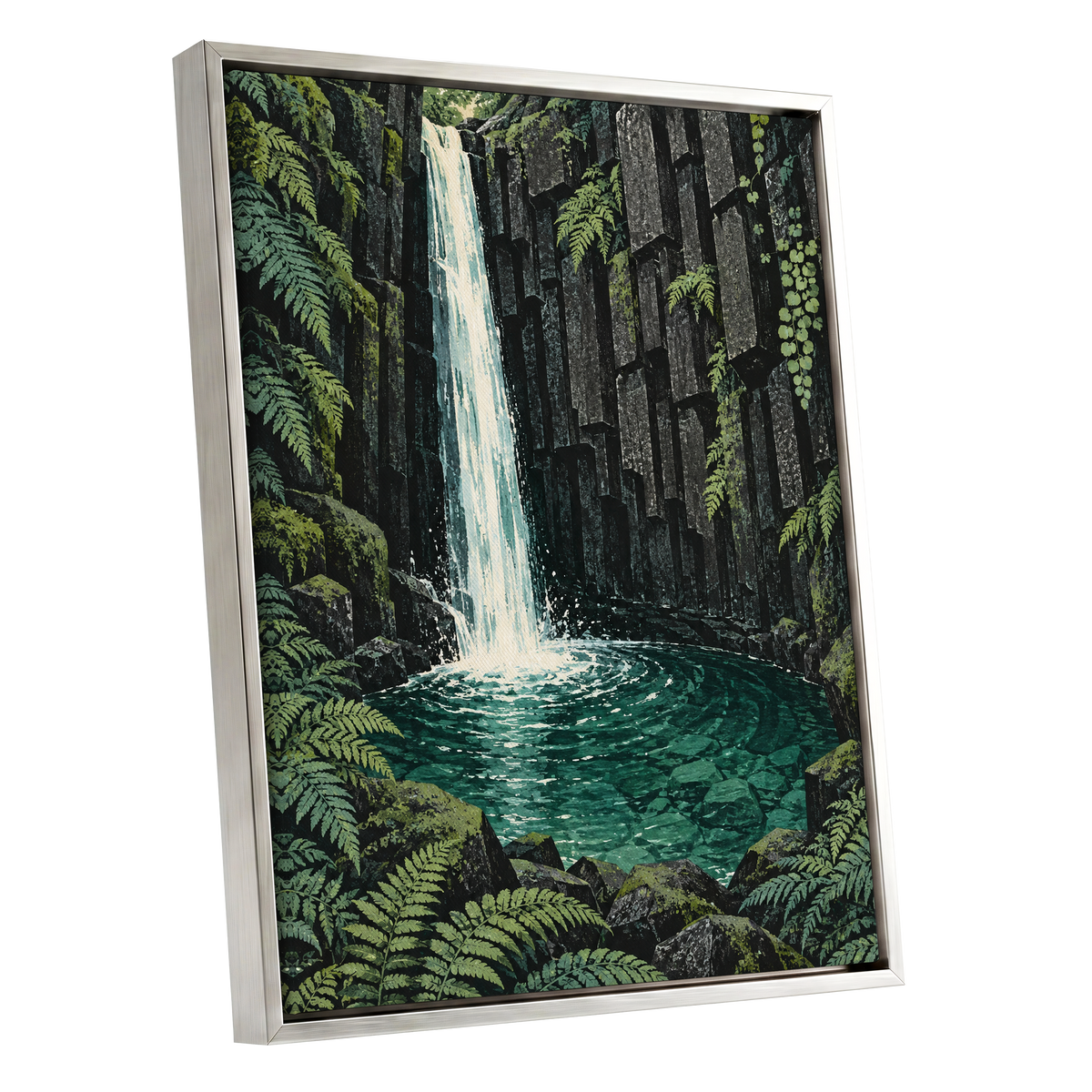 Fernfall Sanctuary, green, black, gray nature wall art shown as a silver framed canvas wall art