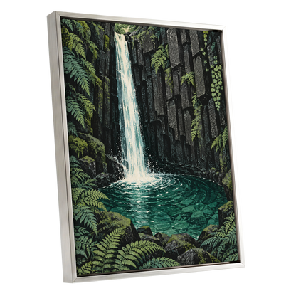 Fernfall Sanctuary, green, black, gray nature wall art shown as a silver framed canvas wall art