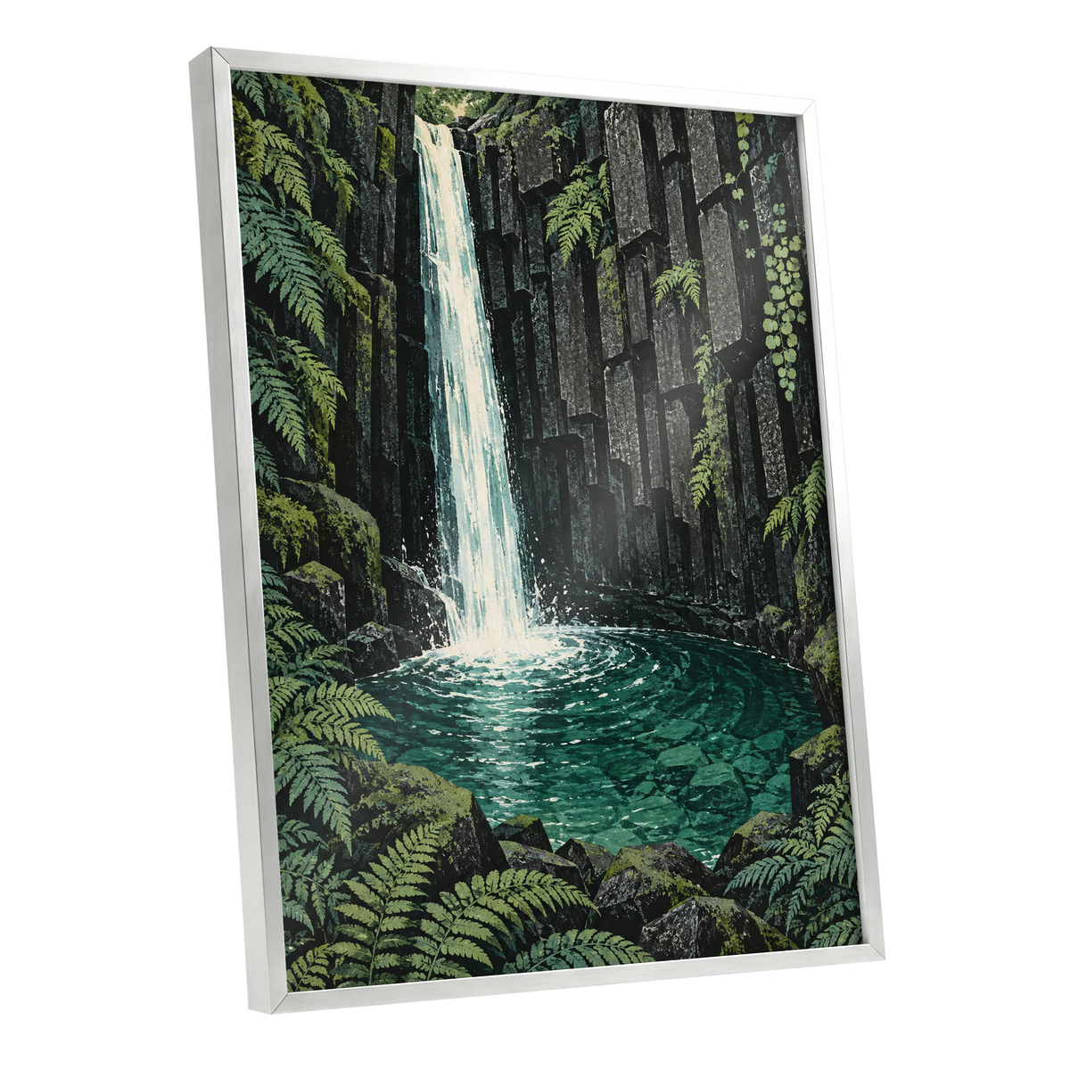 Fernfall Sanctuary, green, black, gray nature wall art shown as a silver framed poster wall art print
