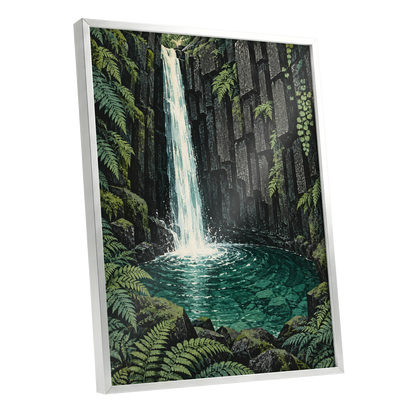 Fernfall Sanctuary, green, black, gray nature wall art shown as a silver framed poster wall art print