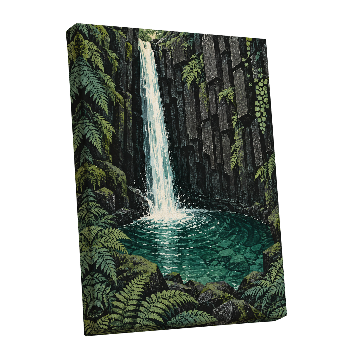 Fernfall Sanctuary, green, black, gray nature wall art shown as a stretched canvas wall art