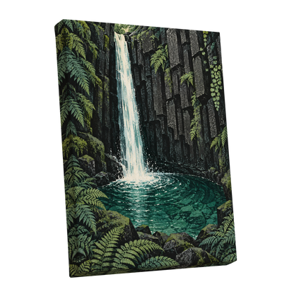 Fernfall Sanctuary, green, black, gray nature wall art shown as a stretched canvas wall art