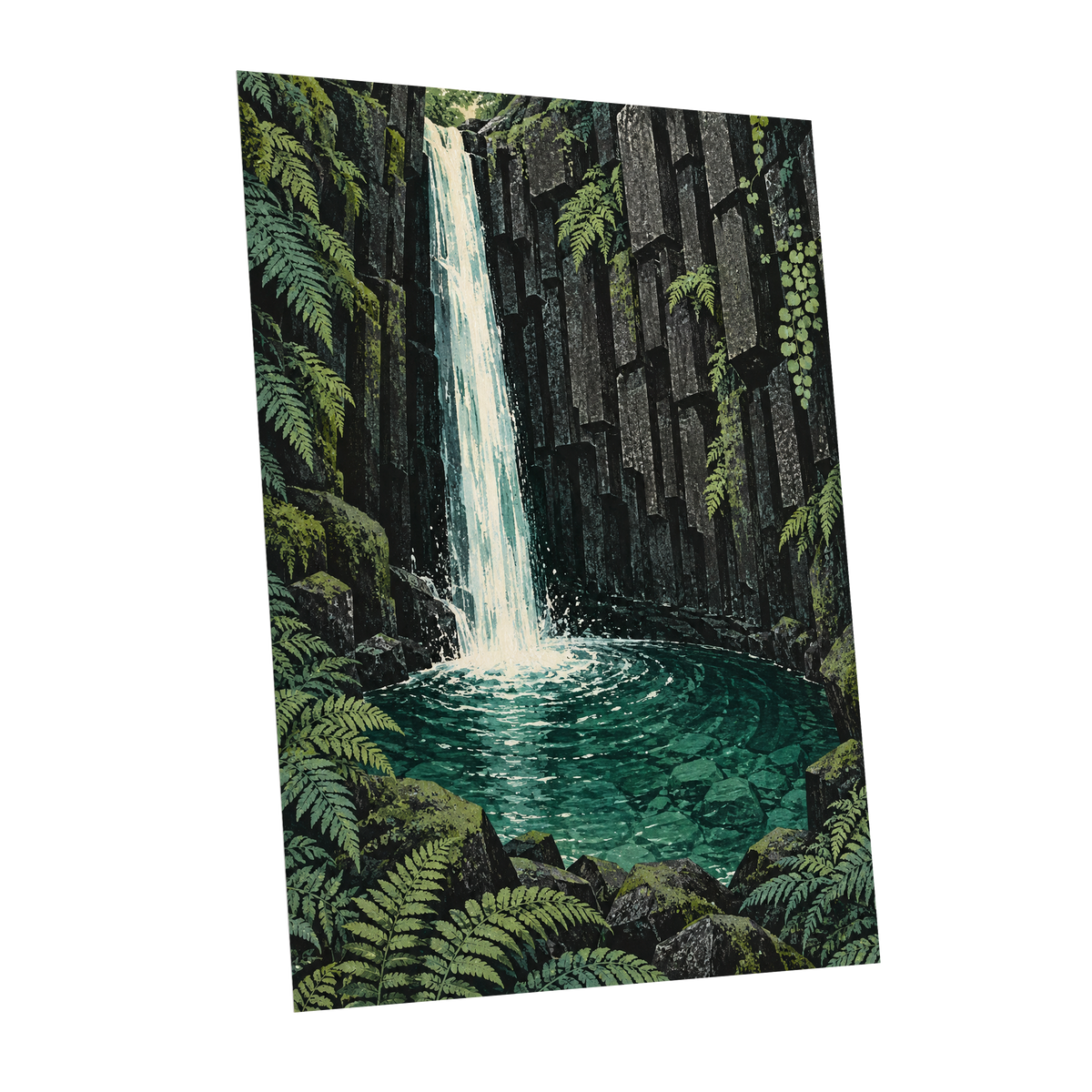 Fernfall Sanctuary, green, black, gray nature wall art shown as a unframed poster wall art print