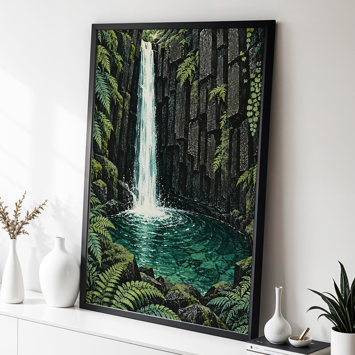 Fernfall Sanctuary, green, black, gray nature wall art displayed in a styled interior, gallery view 2