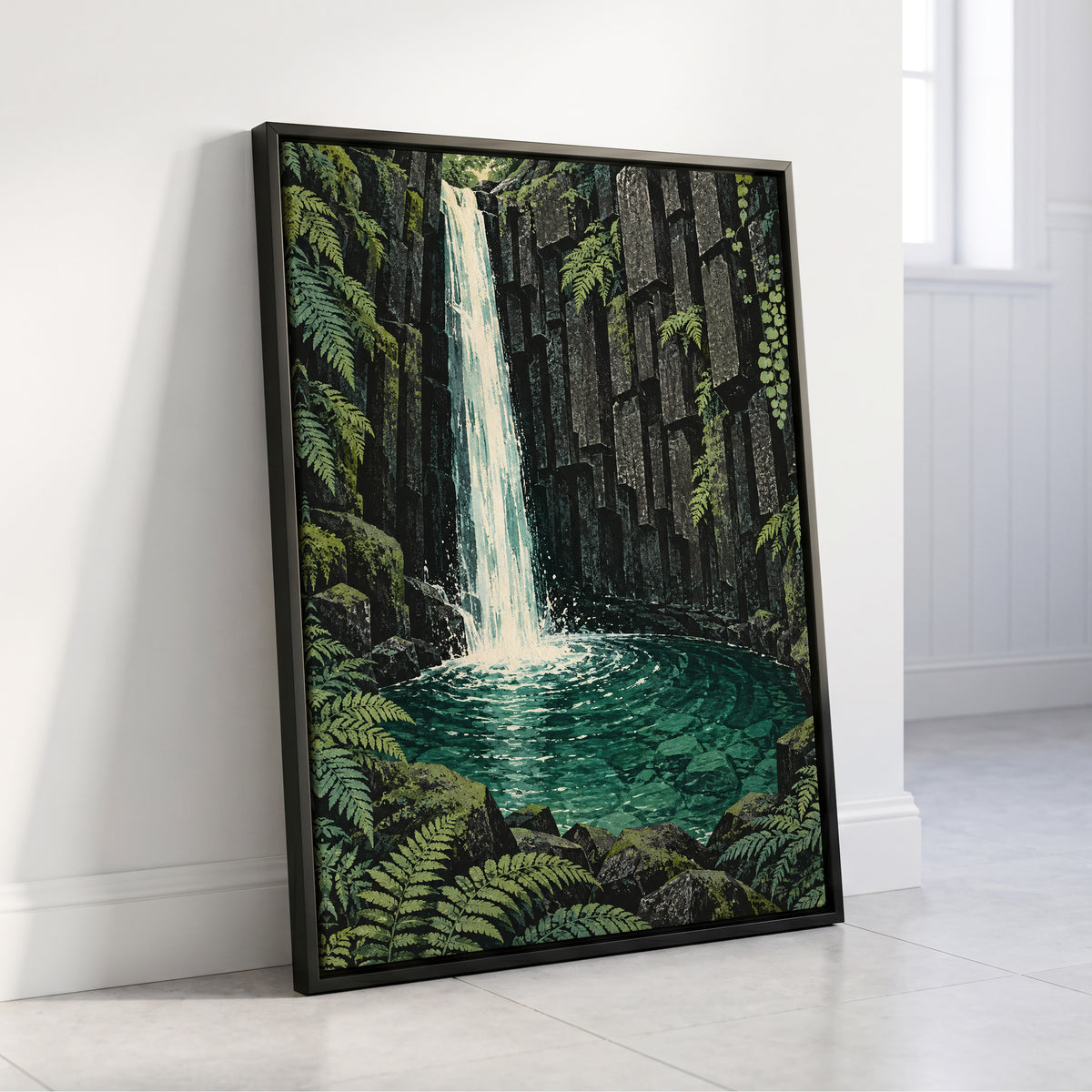 Fernfall Sanctuary, green, black, gray nature wall art displayed in a styled interior, gallery view 4