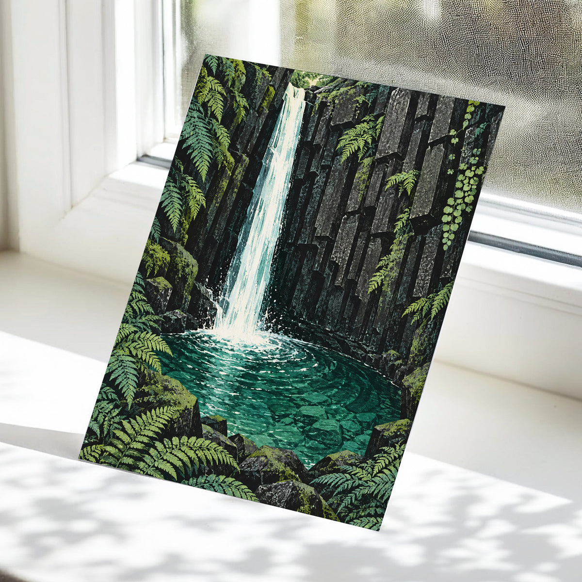 Fernfall Sanctuary, green, black, gray nature wall art displayed in a styled interior, gallery view 5