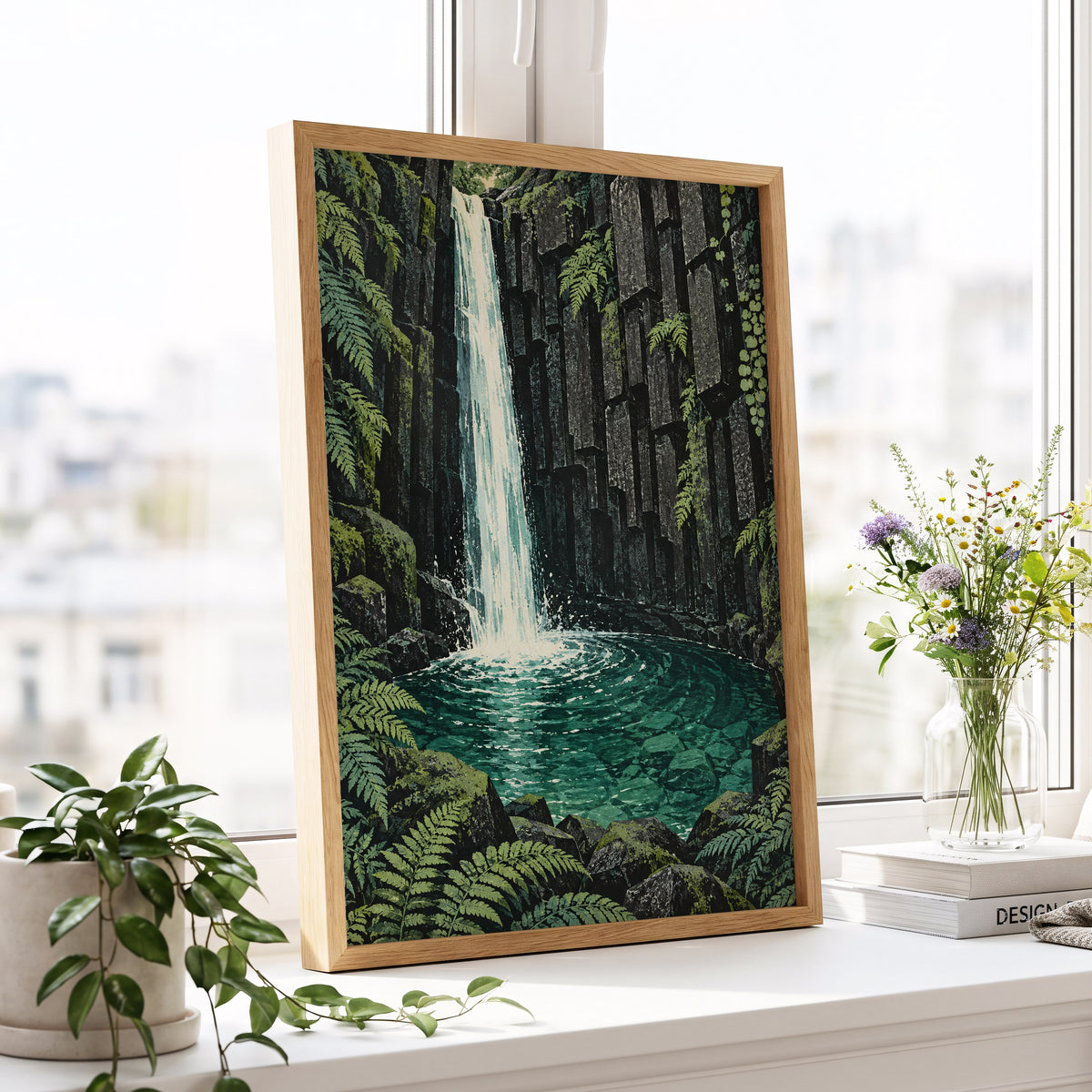 Fernfall Sanctuary, green, black, gray nature wall art displayed in a styled interior, gallery view 6