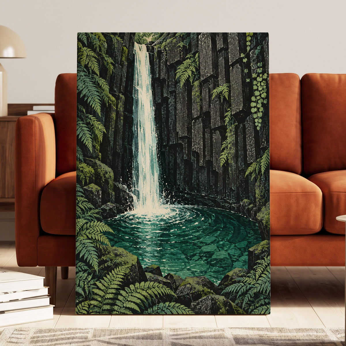 Fernfall Sanctuary, green, black, gray nature wall art displayed in a styled interior, gallery view 7