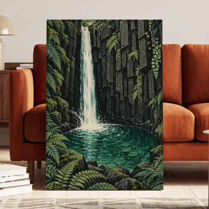 Fernfall Sanctuary, green, black, gray nature wall art displayed in a styled interior, gallery view 7