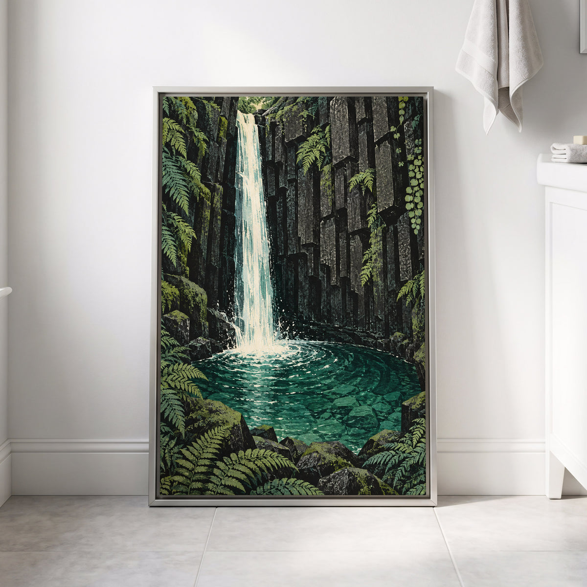 Fernfall Sanctuary, green, black, gray nature wall art displayed in a styled interior, gallery view 8