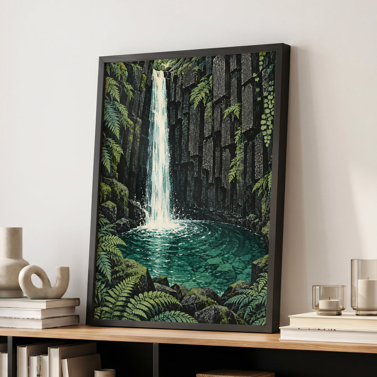 Fernfall Sanctuary, green, black, gray nature wall art displayed in a styled interior, gallery view 9