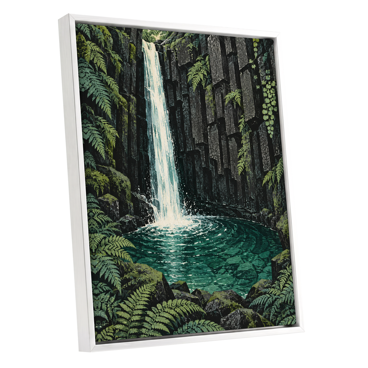 Fernfall Sanctuary, green, black, gray nature wall art shown as a white framed canvas wall art