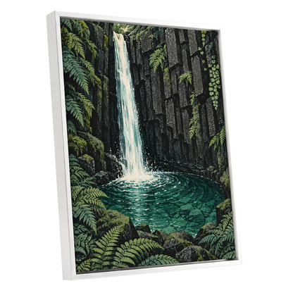 Fernfall Sanctuary, green, black, gray nature wall art shown as a white framed canvas wall art