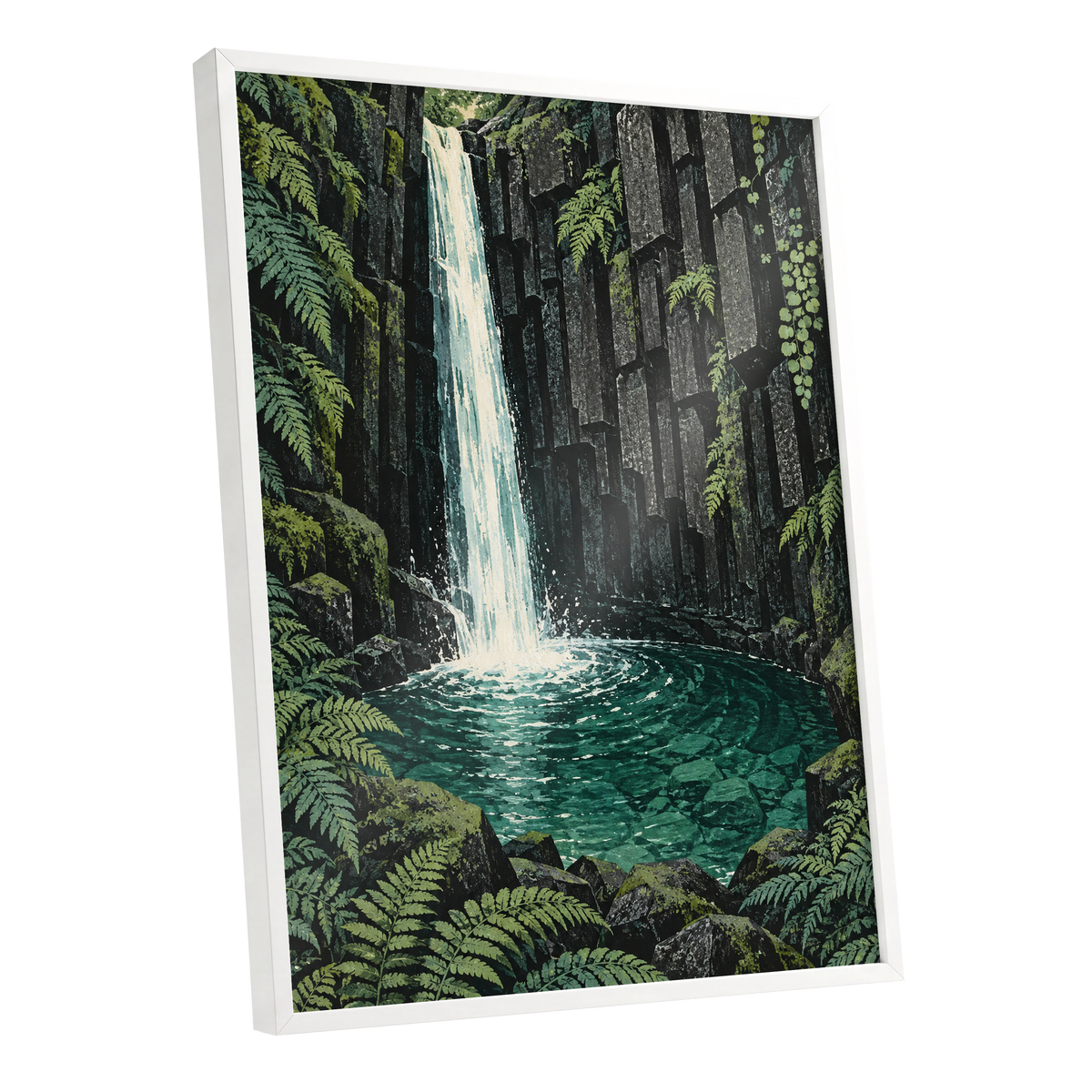 Fernfall Sanctuary, green, black, gray nature wall art shown as a white framed poster wall art print