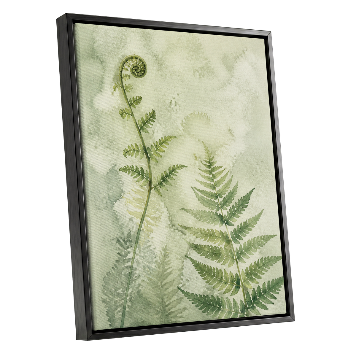 Fernlight Reverie, green, beige, white nature wall art shown as a black framed canvas wall art