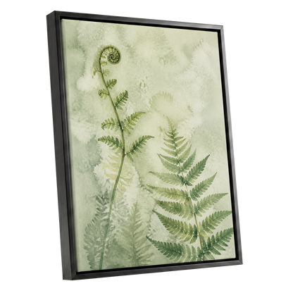 Fernlight Reverie, green, beige, white nature wall art shown as a black framed canvas wall art