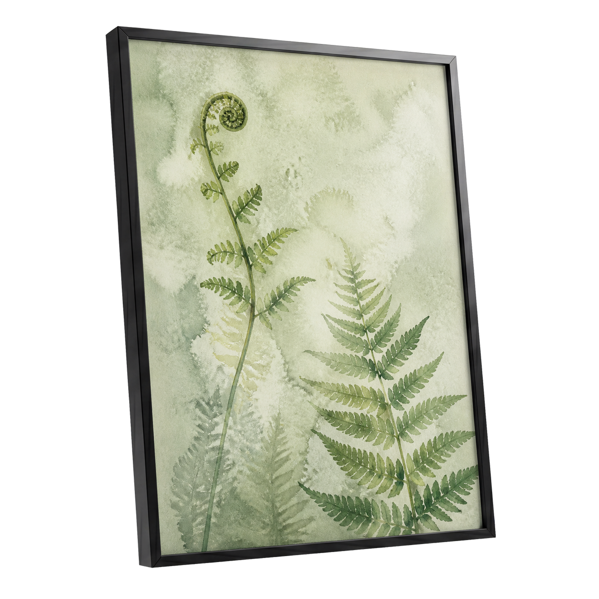 Fernlight Reverie, green, beige, white nature wall art shown as a black framed poster wall art print