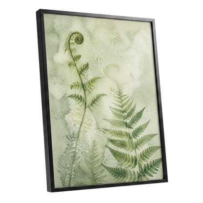 Fernlight Reverie, green, beige, white nature wall art shown as a black framed poster wall art print