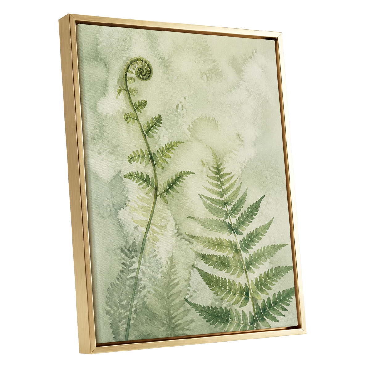 Fernlight Reverie, green, beige, white nature wall art shown as a gold framed canvas wall art